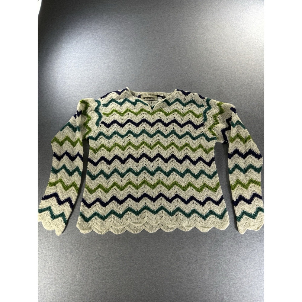 Marisa Christina Medium Crochet Chevron Knit Sweater White Blue Green Scallophem